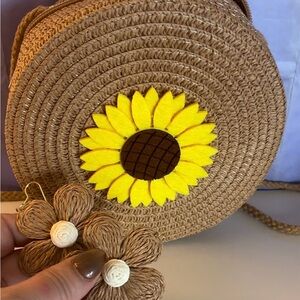 Sunflower Woven Round Crossbody Bag - Natural Brown